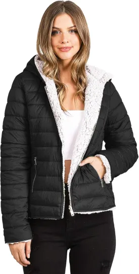 Love Tree Women's Juniors Reversible Hooded Teddy Bear Slim Puffer Jacket