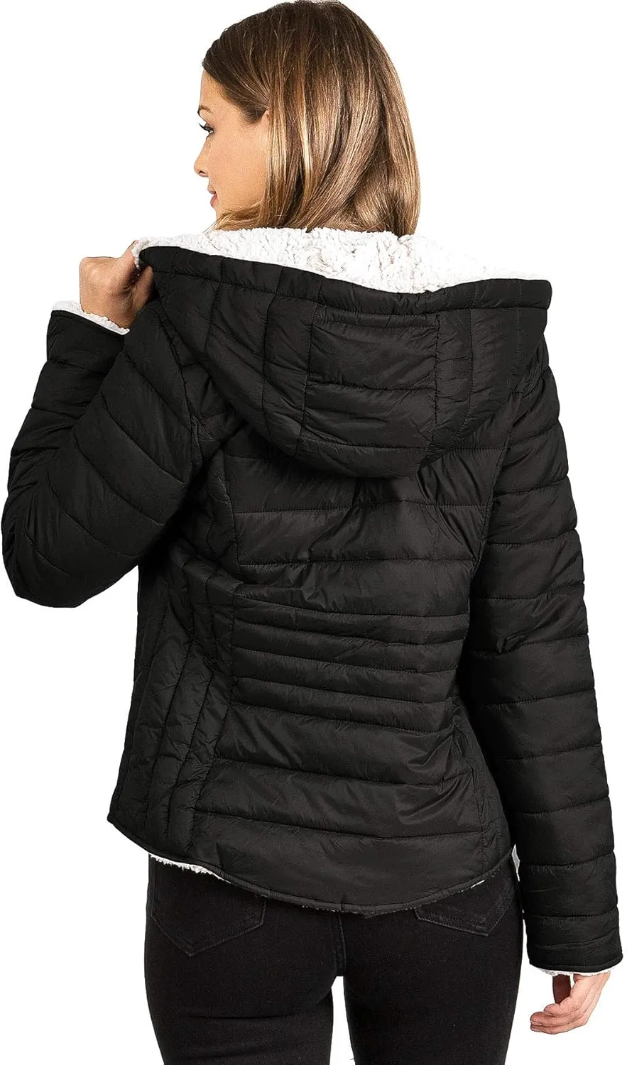 Love Tree Women's Juniors Reversible Hooded Teddy Bear Slim Puffer Jacket