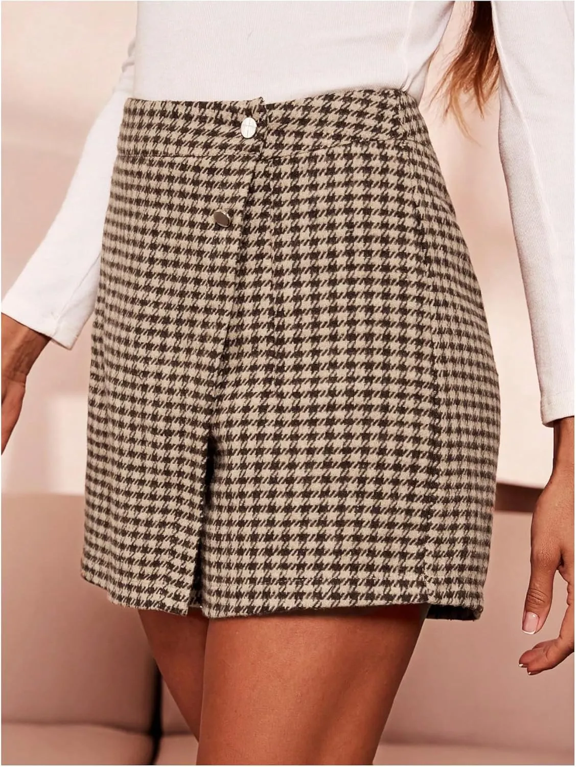 MakeMeChic Women's Elegant Houndstooth Print High Waisted Wrap Button Front Mini Skirt Skort Shorts