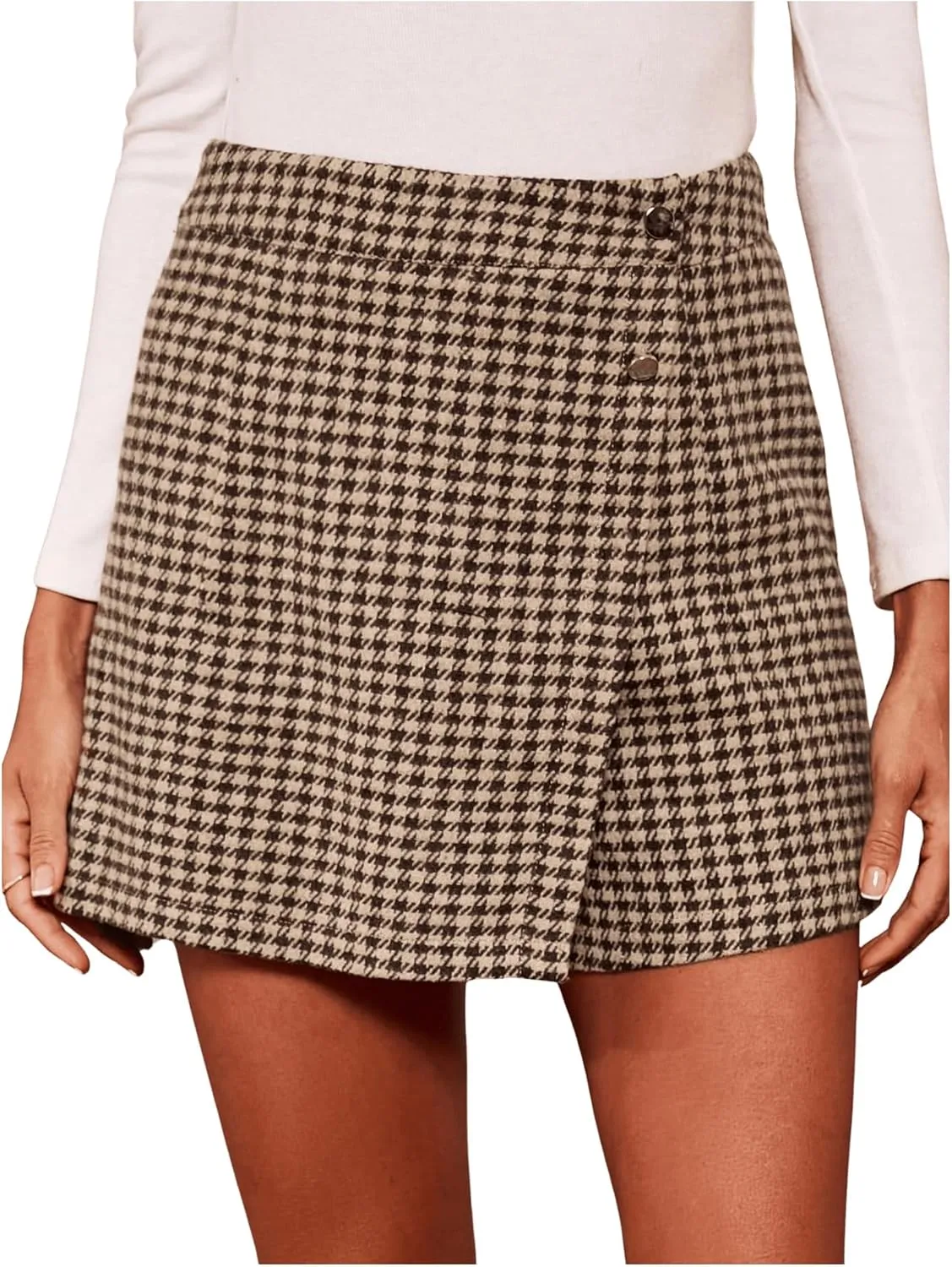 MakeMeChic Women's Elegant Houndstooth Print High Waisted Wrap Button Front Mini Skirt Skort Shorts