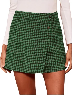 MakeMeChic Women's Elegant Houndstooth Print High Waisted Wrap Button Front Mini Skirt Skort Shorts