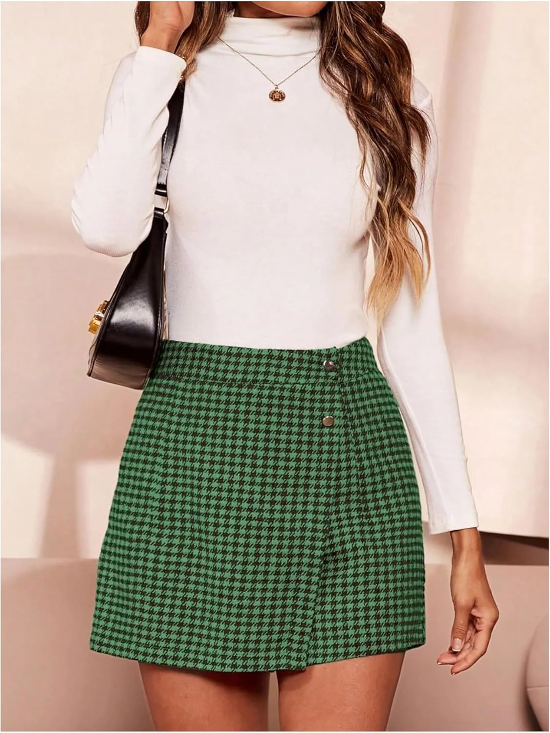 MakeMeChic Women's Elegant Houndstooth Print High Waisted Wrap Button Front Mini Skirt Skort Shorts