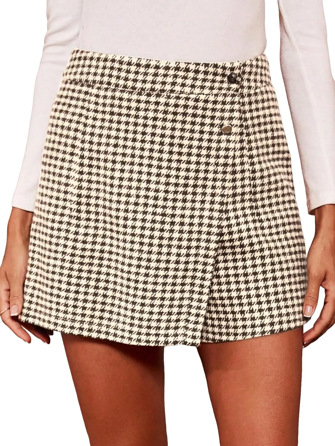 MakeMeChic Women's Elegant Houndstooth Print High Waisted Wrap Button Front Mini Skirt Skort Shorts