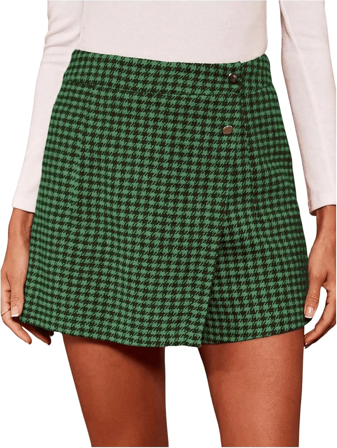 MakeMeChic Women's Elegant Houndstooth Print High Waisted Wrap Button Front Mini Skirt Skort Shorts
