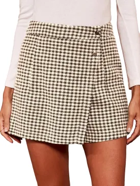 MakeMeChic Women's Elegant Houndstooth Print High Waisted Wrap Button Front Mini Skirt Skort Shorts