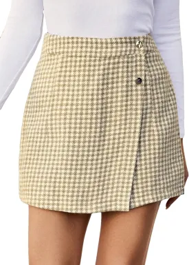 MakeMeChic Women's Elegant Houndstooth Print High Waisted Wrap Button Front Mini Skirt Skort Shorts