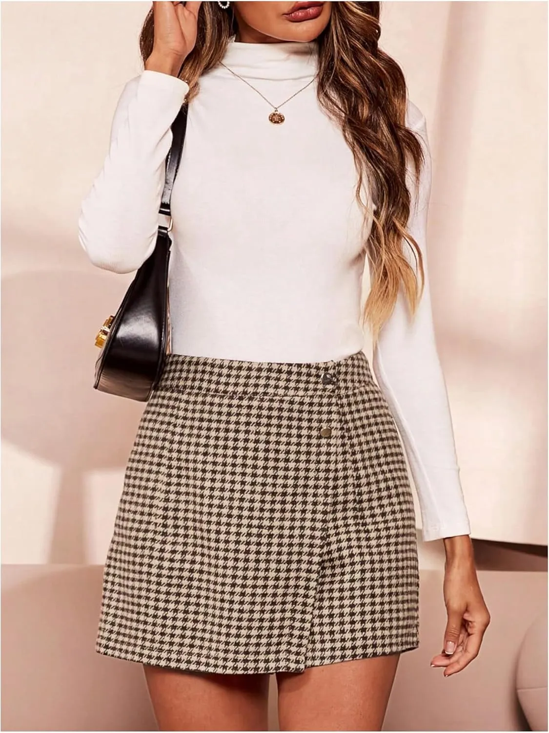 MakeMeChic Women's Elegant Houndstooth Print High Waisted Wrap Button Front Mini Skirt Skort Shorts
