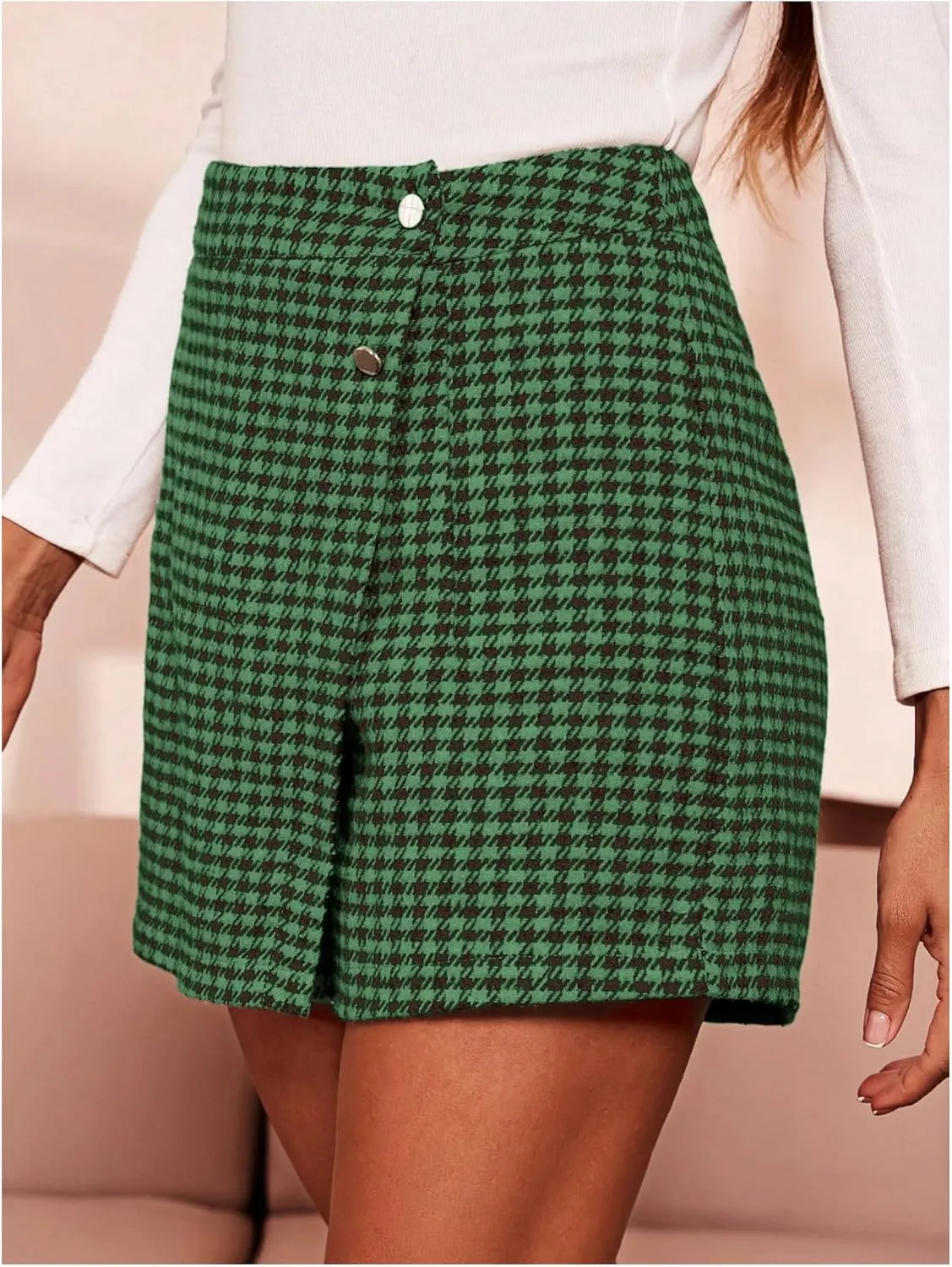MakeMeChic Women's Elegant Houndstooth Print High Waisted Wrap Button Front Mini Skirt Skort Shorts