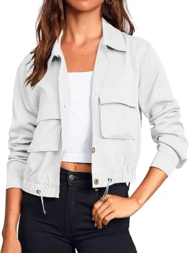 Onedreamer Women's Military Safari Cropped Jackets Button Down Lightweight Oversized Utility Anorak Coat with Pockets