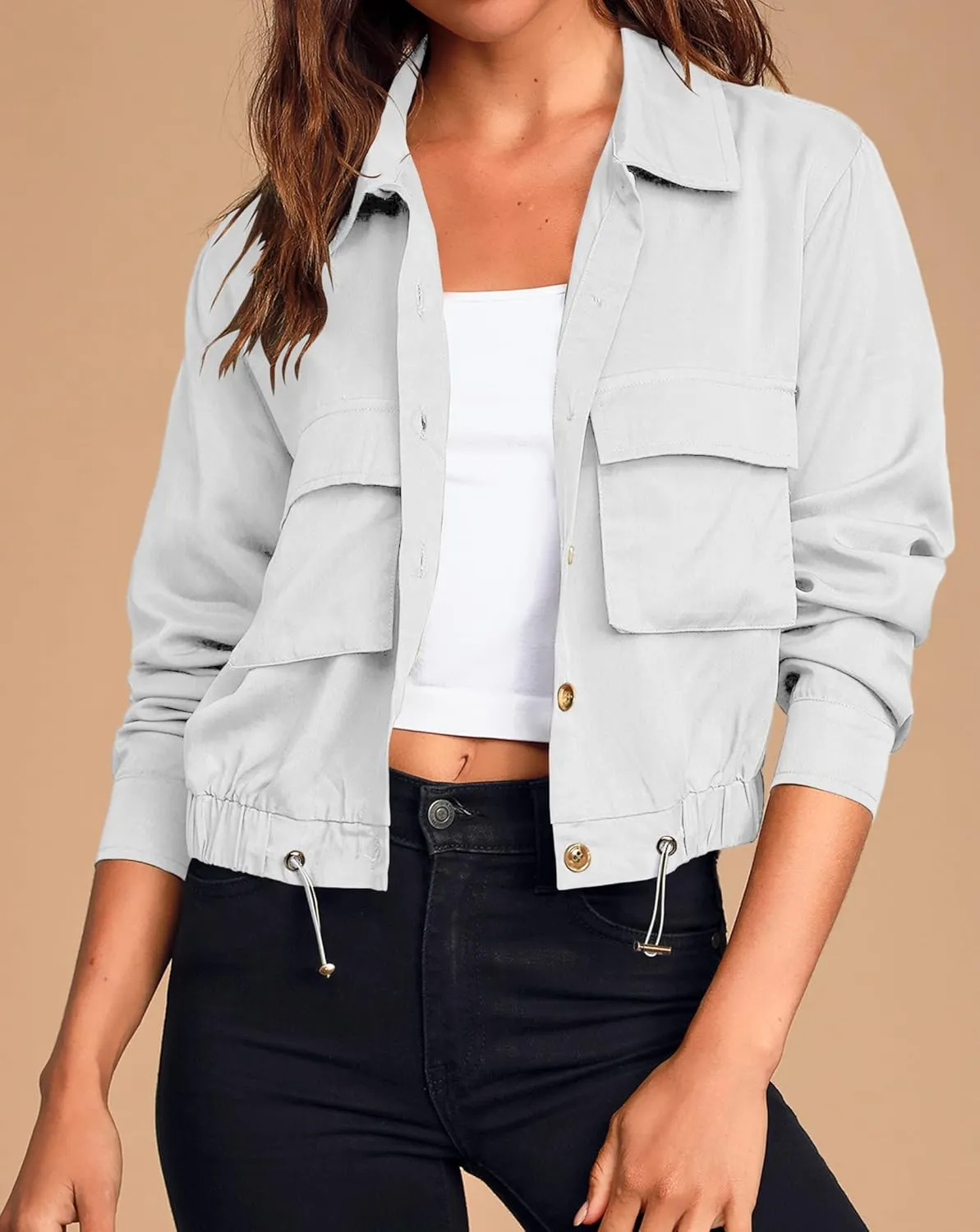 Onedreamer Women's Military Safari Cropped Jackets Button Down Lightweight Oversized Utility Anorak Coat with Pockets