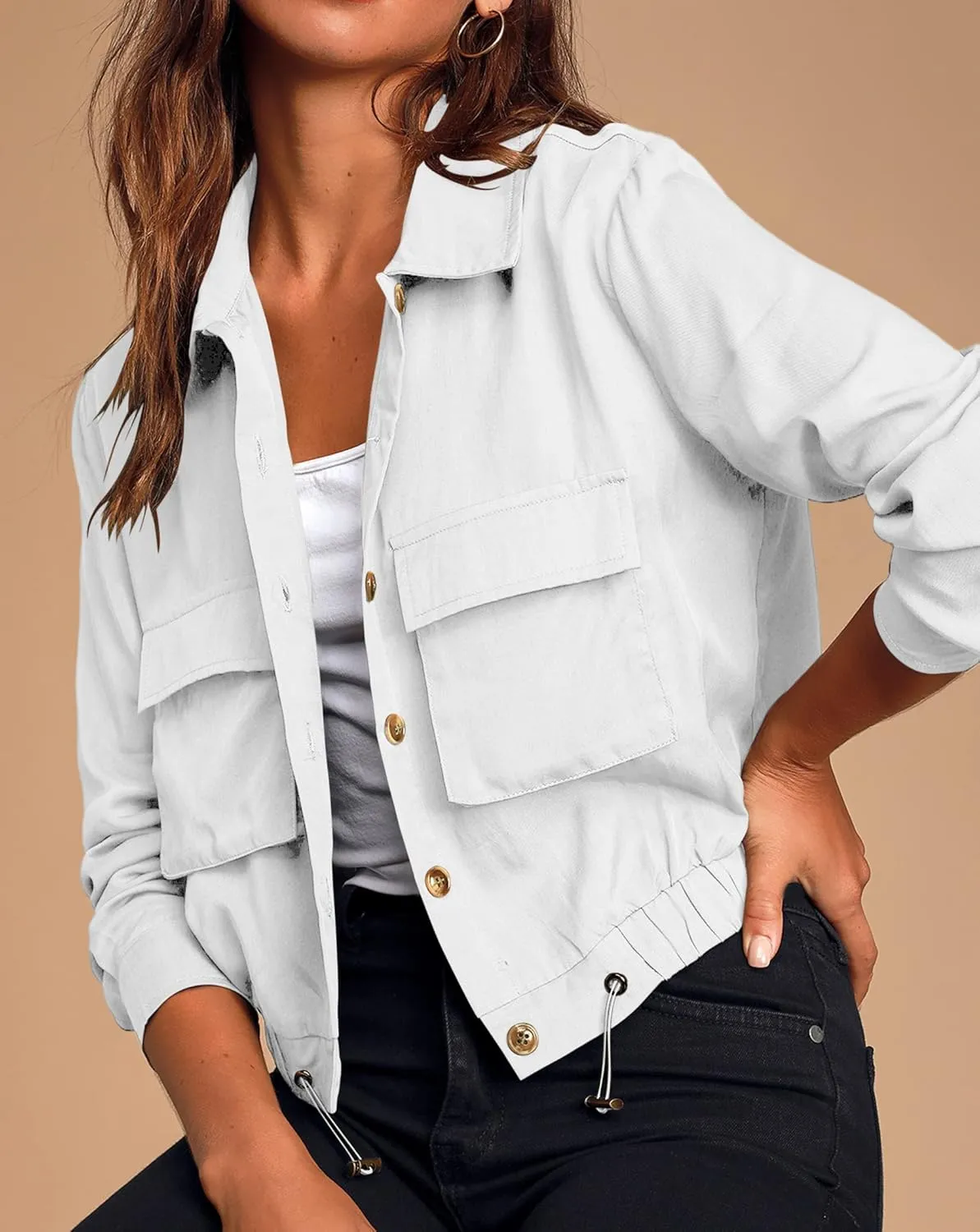 Onedreamer Women's Military Safari Cropped Jackets Button Down Lightweight Oversized Utility Anorak Coat with Pockets