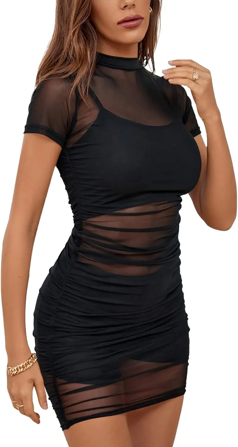 Rooscier Women's Mesh Dress Short Sleeve Bodycon 3 Piece Outfits with Cami Shorts