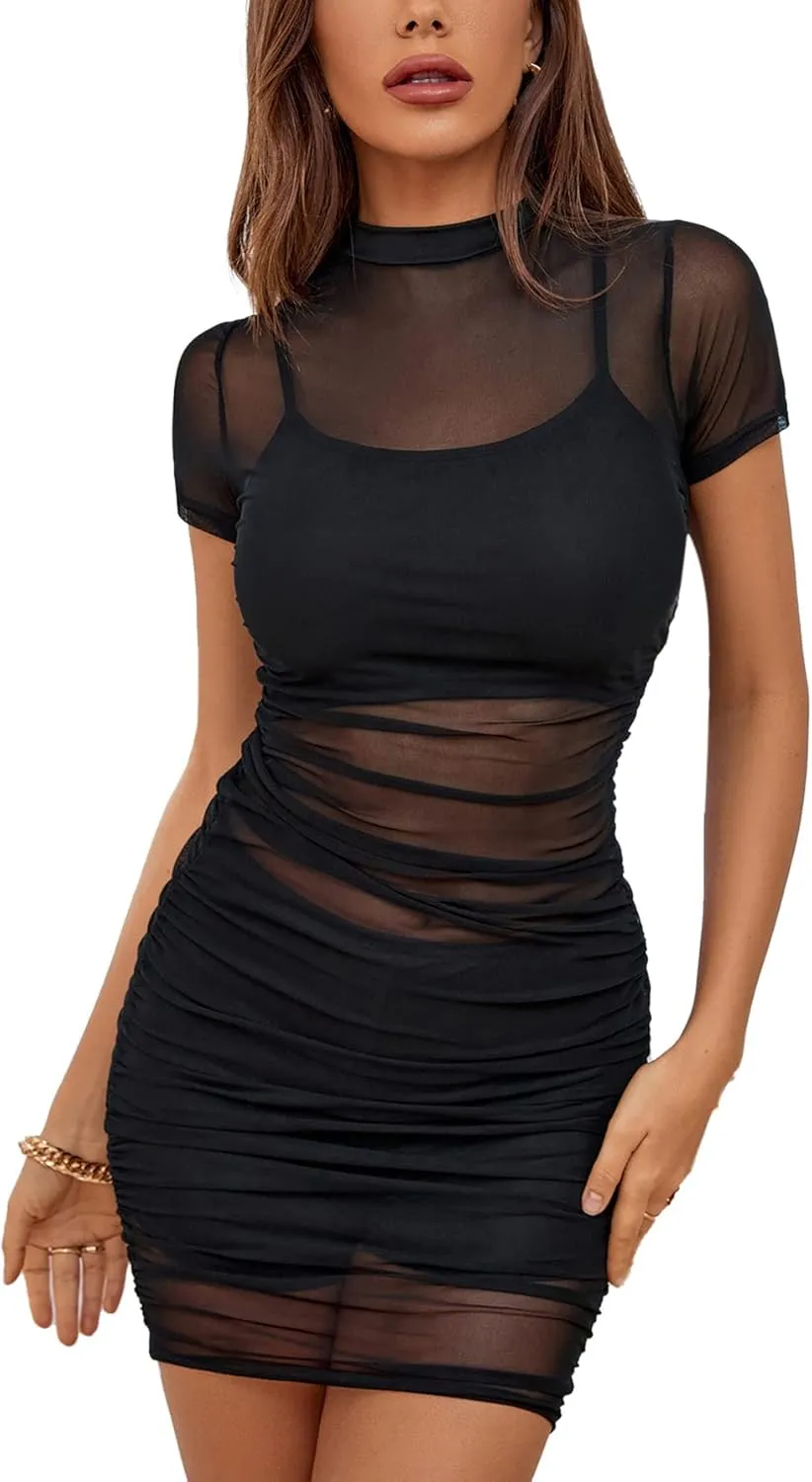 Rooscier Women's Mesh Dress Short Sleeve Bodycon 3 Piece Outfits with Cami Shorts