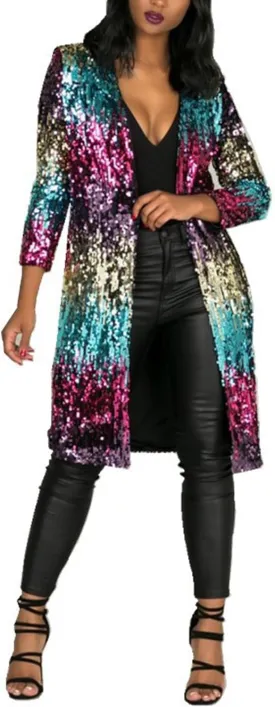 Sexyshine Women's Sparkly Multicolor Sequins Open Front Long Cardigan Long Sleeve Slim Fit Blazer Coat Glitter Cover Ups
