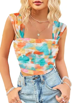 SHENHE Women's Floral Tie Dye Wide Strap Square Neck Ruched Casual Fitted Crop Tank Top