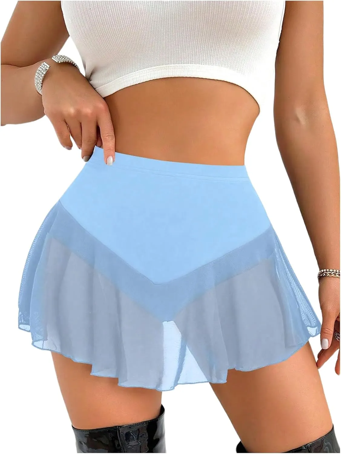 SHENHE Women's Sheer Mesh Skater Skort High Waisted Sexy Flowy Mini Skirt Shorts Skort