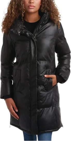 Steve Madden Women's Long Puffer Jacket - Quilted Faux Leather Weather-Resistant Insulated Winter Coat for Women (Sizes:S-XL)