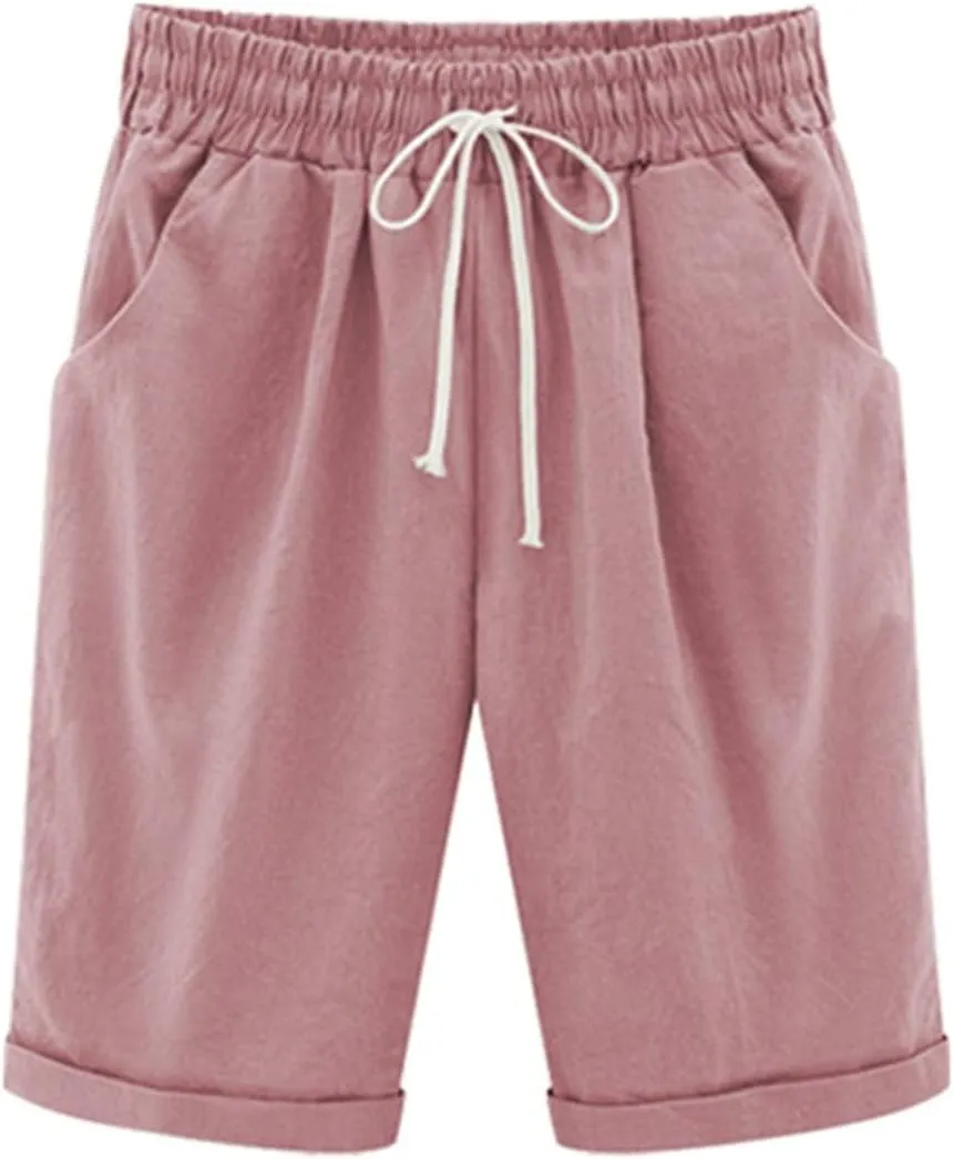 Vcansion Women's Elastic Waist Knee Length Casual Cotton Bermuda Shorts with Drawstring