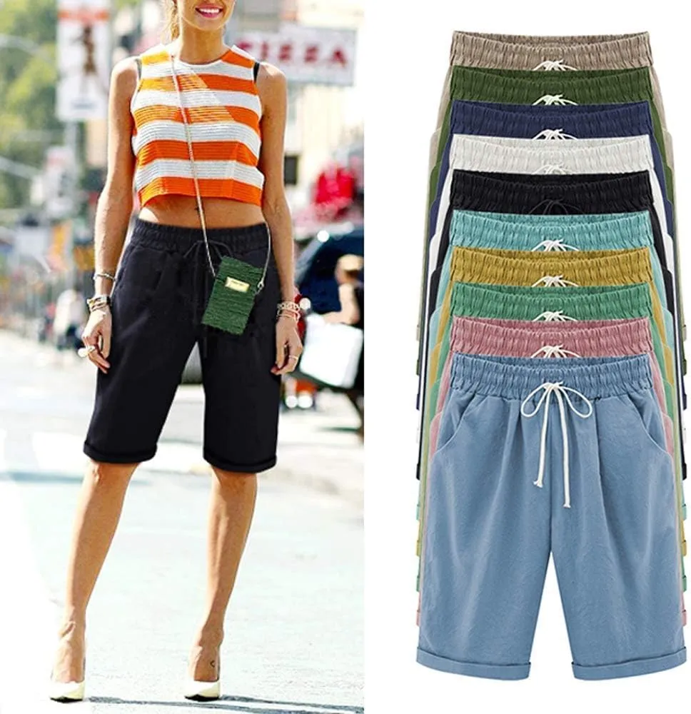 Vcansion Women's Elastic Waist Knee Length Casual Cotton Bermuda Shorts with Drawstring