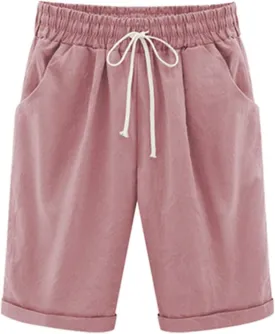 Vcansion Women's Elastic Waist Knee Length Casual Cotton Bermuda Shorts with Drawstring