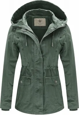 WenVen Women's Cotton Military Jacket Lightweight Casual Anorak Coat with Hood