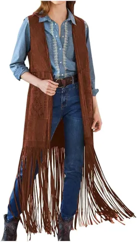 Women Fringe Tassel Vest 70s Vintage Western Cowgirl Long Waistcoat Faux Suede Sleeveless Jacket Shacket Fall Outwear