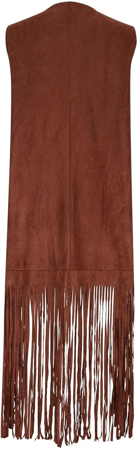 Women Fringe Tassel Vest 70s Vintage Western Cowgirl Long Waistcoat Faux Suede Sleeveless Jacket Shacket Fall Outwear