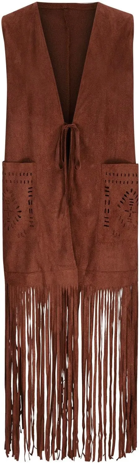 Women Fringe Tassel Vest 70s Vintage Western Cowgirl Long Waistcoat Faux Suede Sleeveless Jacket Shacket Fall Outwear