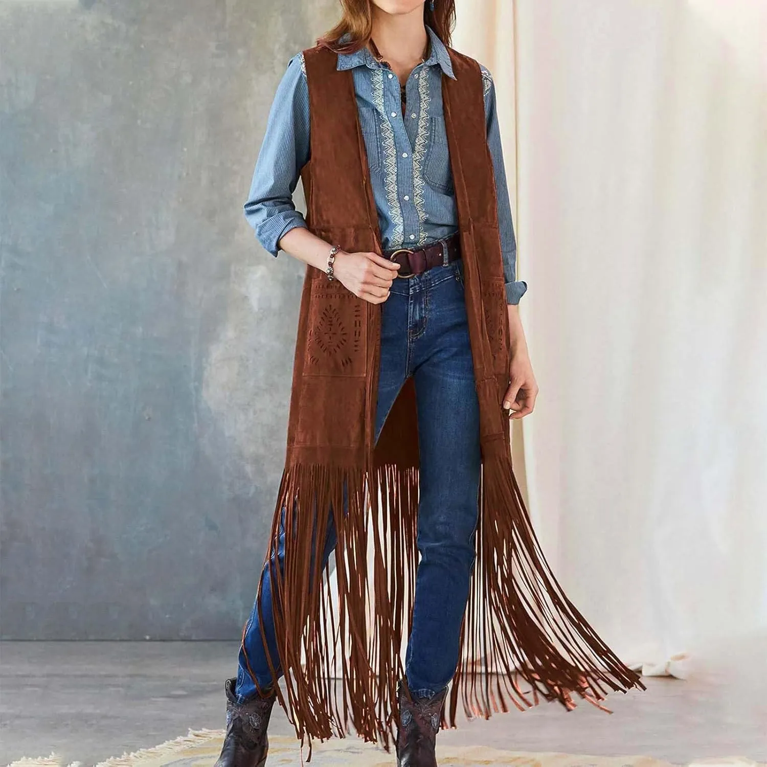 Women Fringe Tassel Vest 70s Vintage Western Cowgirl Long Waistcoat Faux Suede Sleeveless Jacket Shacket Fall Outwear