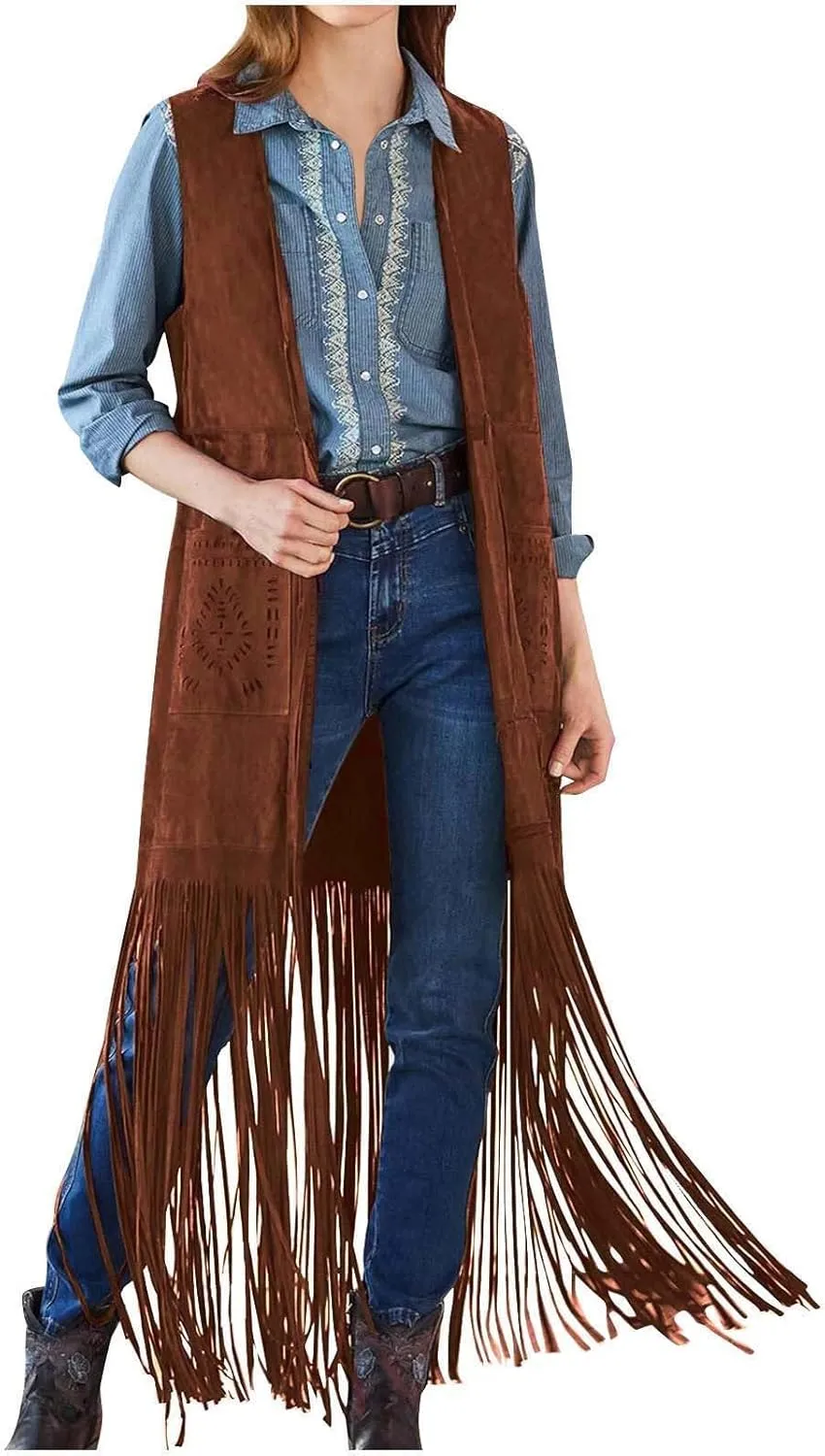 Women Fringe Tassel Vest 70s Vintage Western Cowgirl Long Waistcoat Faux Suede Sleeveless Jacket Shacket Fall Outwear
