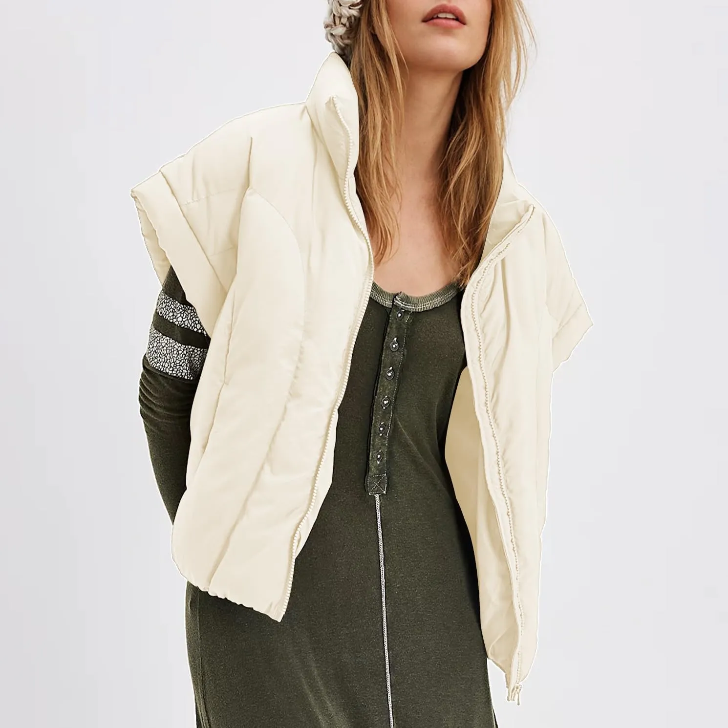 Womens Cropped Puffer Vest Oversized Padded Jackets Stand Collar Cap Sleeve Zip Up Vest Coat Winter Outfits