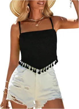 Women's Fringe Asymmetrical Hem Cami Top Backless Spaghetti Strap Beach Vacation Tank Tops